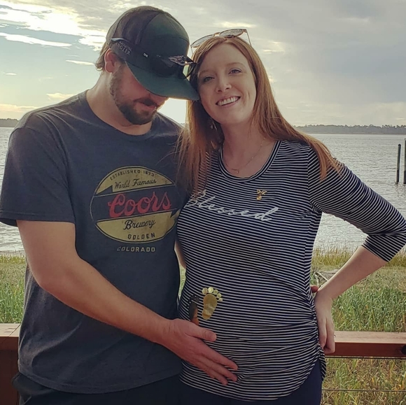 Violet & Ruby Long Sleeve Navy & Gold Striped Maternity Tee w/ "Blessed" Graphic - Picture 5 of 5